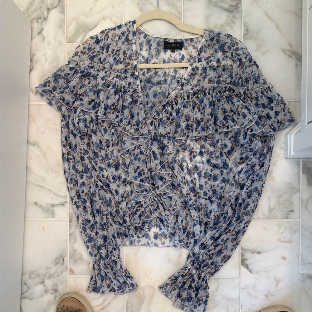 MAJORELLE Blue and White Floral Ruffle Blouse - Picture 5 of 9
